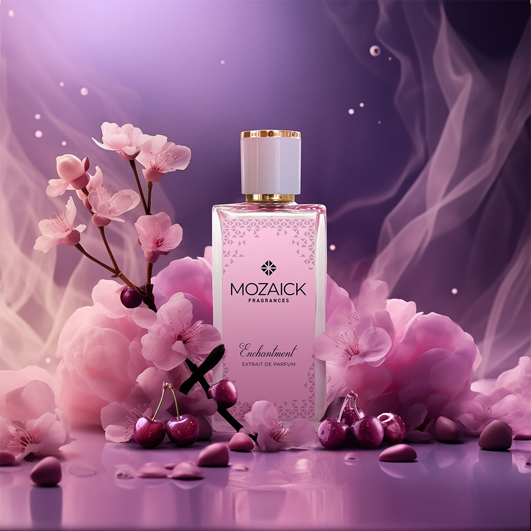 ENCHANTMENT Extrait de Parfum 50 ml by MOZAICK – bottle with cherry blossoms and cherries on a purple background